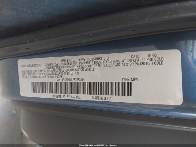 Продаж на аукціоні авто 2008 Subaru Outback 2.5i/2.5i L.l. Bean Edition, vin: 4S4BP61C787363944, номер лоту: 45865888
