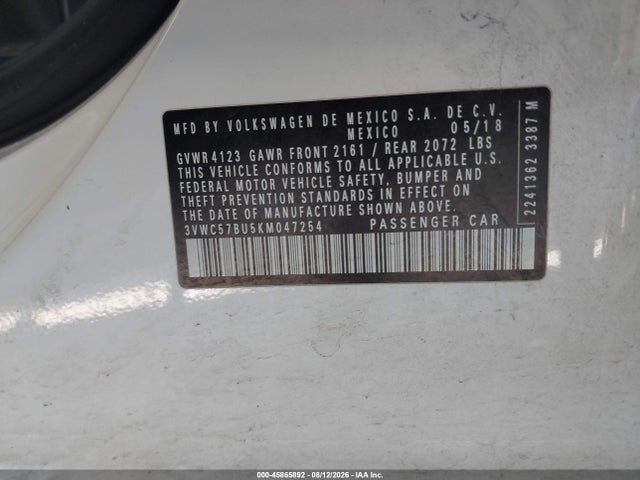 Продажа на аукционе авто 2019 Volkswagen Jetta 1.4t R-line/1.4t S/1.4t Se, vin: 3VWC57BU5KM047254, номер лота: 45865892