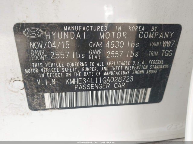 Продаж на аукціоні авто 2016 Hyundai Sonata Hybrid Limited, vin: KMHE34L11GA028723, номер лоту: 45865906