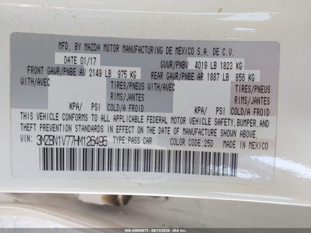 Продажа на аукционе авто 2017 Mazda Mazda3 Touring, vin: 3MZBN1V77HM126495, номер лота: 45865973