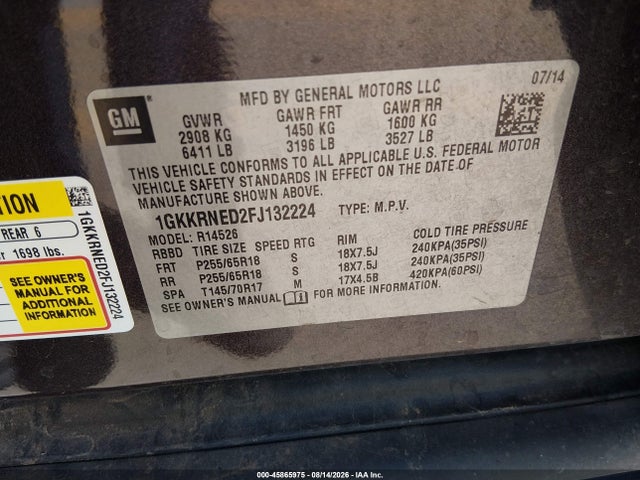 Продаж на аукціоні авто 2015 Gmc Acadia Sle-1, vin: 1GKKRNED2FJ132224, номер лоту: 45865975