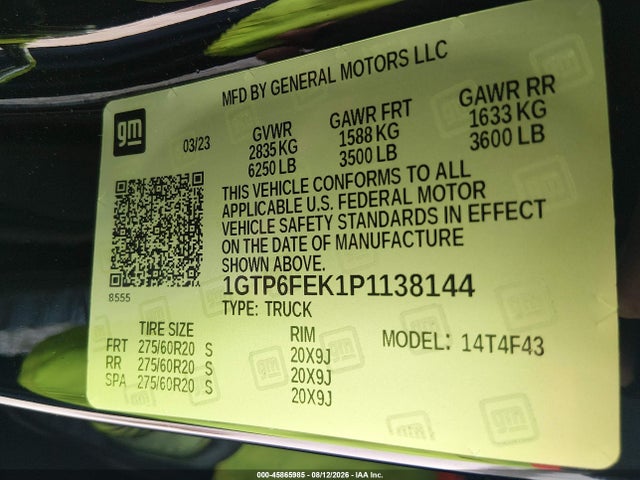 45865985 :رقم المزاد ، 1GTP6FEK1P1138144 vin ، 2023 Gmc Canyon 4wd  Short Box Denali مزاد بيع