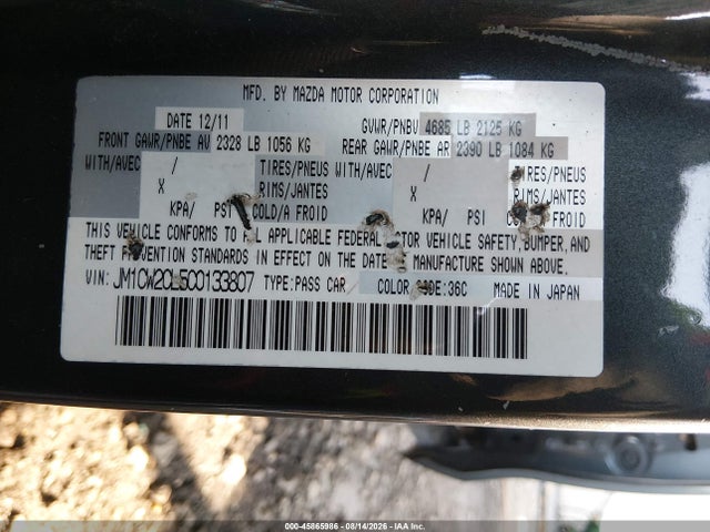 Aukcja sprzedaży 2012 Mazda Mazda5 Touring, vin: JM1CW2CL5C0133807, numer aukcji: 45865986