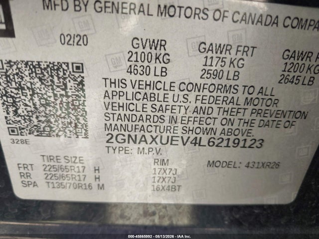 Продаж на аукціоні авто 2020 Chevrolet Equinox Awd Lt 1.5l Turbo, vin: 2GNAXUEV4L6219123, номер лоту: 45865992