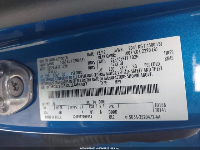 Ford ESCAPE SE 2020 1FMCU9G6XLUA66497 Image 9