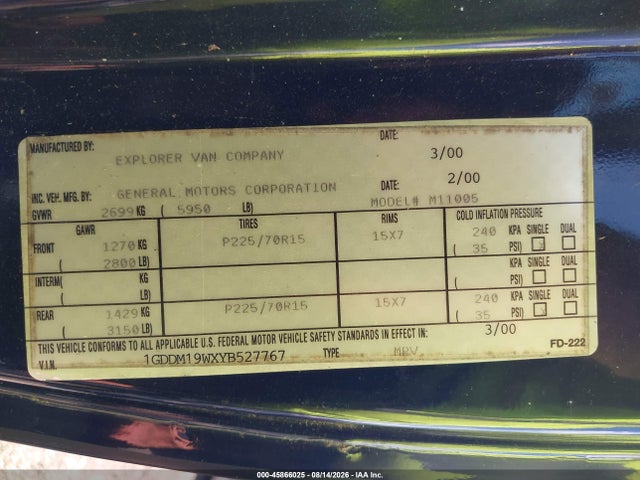 2000 Gmc Safari Upfitter Pkg. მანქანა იყიდება აუქციონზე, vin: 1GDDM19WXYB527767, აუქციონის ნომერი: 45866025