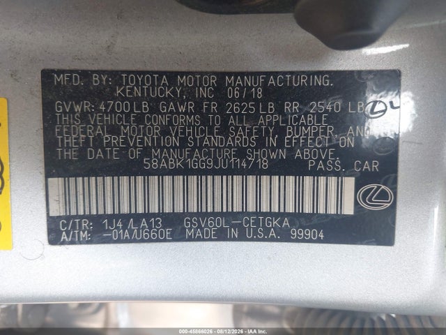 Aukcja sprzedaży 2018 Lexus Es 350, vin: 58ABK1GG9JU114718, numer aukcji: 45866026