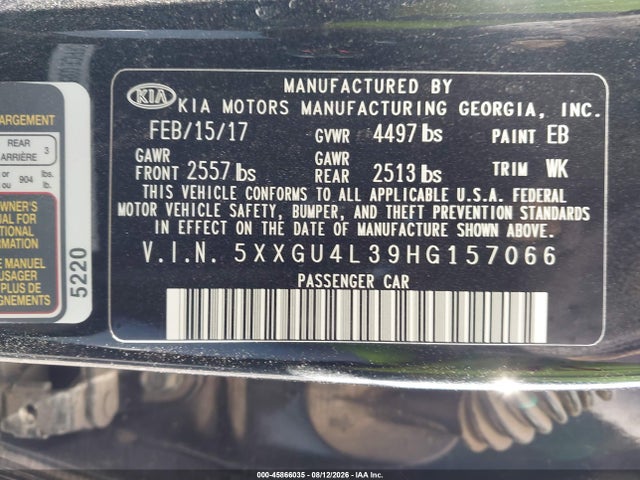 45866035 :رقم المزاد ، 5XXGU4L39HG157066 vin ، 2017 Kia Optima Ex مزاد بيع