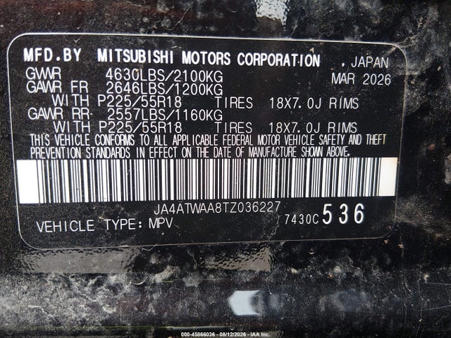 Aukcja sprzedaży 2026 Mitsubishi Eclipse Cross Black Edition S-awc/se S-awc/sel S-awc, vin: JA4ATWAA8TZ036227, numer aukcji: 45866036