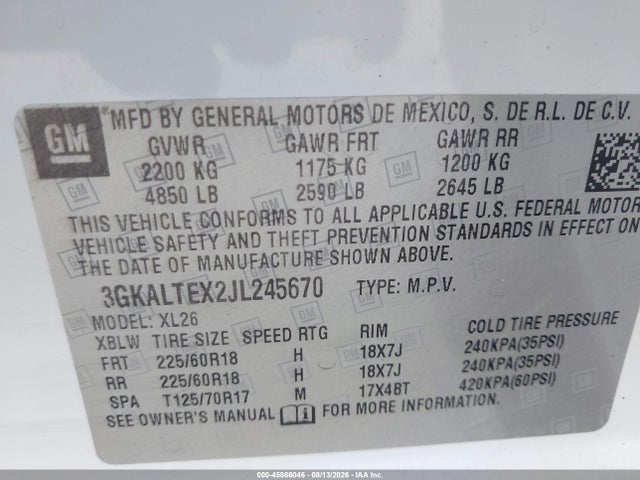 Продажа на аукционе авто 2018 Gmc Terrain Sle, vin: 3GKALTEX2JL245670, номер лота: 45866046