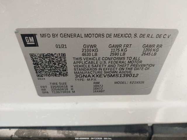 Aukcja sprzedaży 2021 Chevrolet Equinox Awd Premier, vin: 3GNAXXEV5MS139012, numer aukcji: 45866058