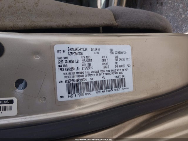 Aukcja sprzedaży 2003 Chrysler Town & Country Lxi, vin: 2C8GP54L43R304324, numer aukcji: 45866076