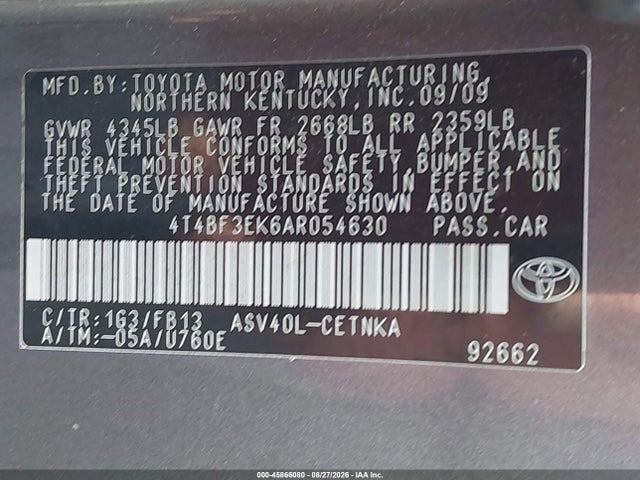 2010 Toyota Camry Le მანქანა იყიდება აუქციონზე, vin: 4T4BF3EK6AR054630, აუქციონის ნომერი: 45866080