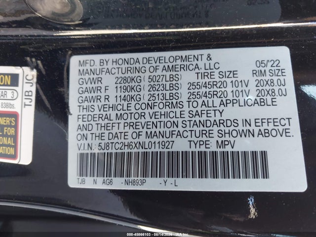 Продажа на аукционе авто 2022 Acura Rdx A-spec Package, vin: 5J8TC2H6XNL011927, номер лота: 45866103