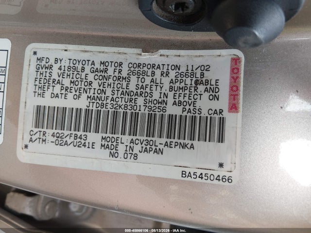 45866106 :رقم المزاد ، JTDBE32K830179256 vin ، 2003 Toyota Camry Le مزاد بيع