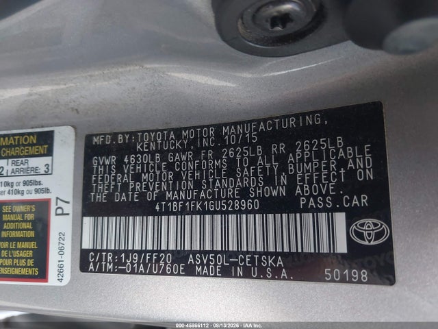 2016 Toyota Camry Se მანქანა იყიდება აუქციონზე, vin: 4T1BF1FK1GU528960, აუქციონის ნომერი: 45866112