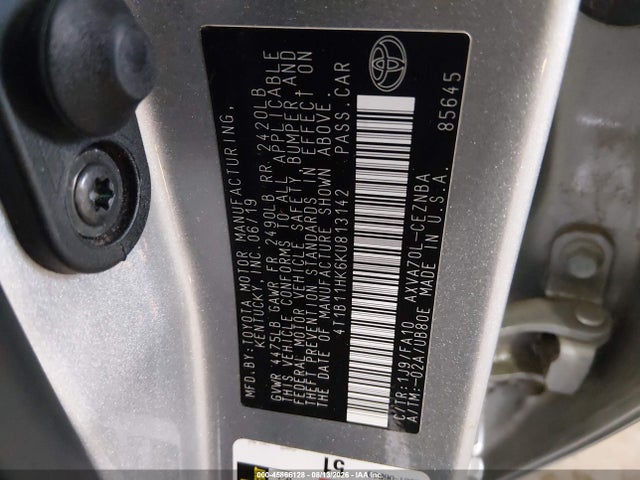 2019 Toyota Camry Le მანქანა იყიდება აუქციონზე, vin: 4T1B11HK6KU813142, აუქციონის ნომერი: 45866128
