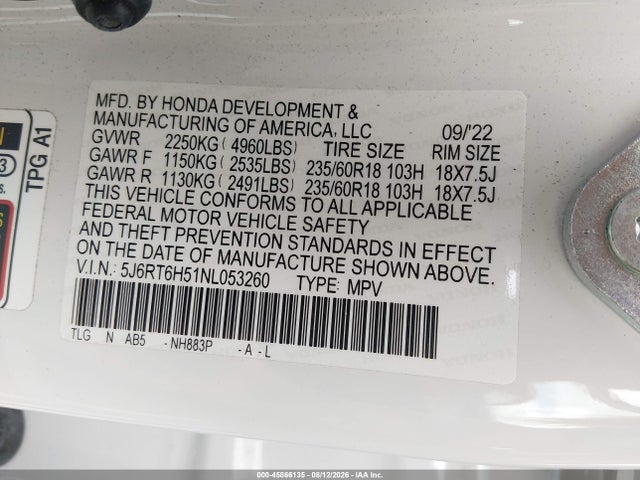 2022 Honda Cr-v Hybrid Ex მანქანა იყიდება აუქციონზე, vin: 5J6RT6H51NL053260, აუქციონის ნომერი: 45866135