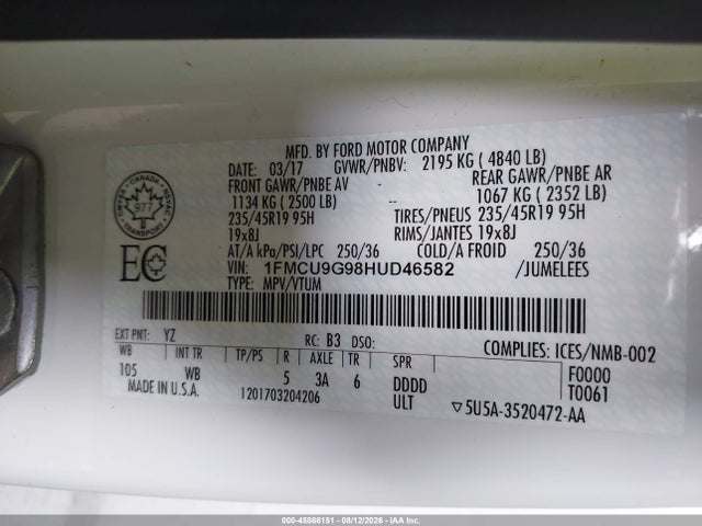 Продаж на аукціоні авто 2017 Ford Escape Se, vin: 1FMCU9G98HUD46582, номер лоту: 45866151