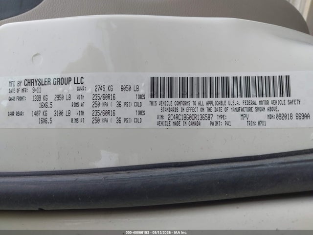 Продаж на аукціоні авто 2012 Chrysler Town & Country Touring, vin: 2C4RC1BG0CR136587, номер лоту: 45866153