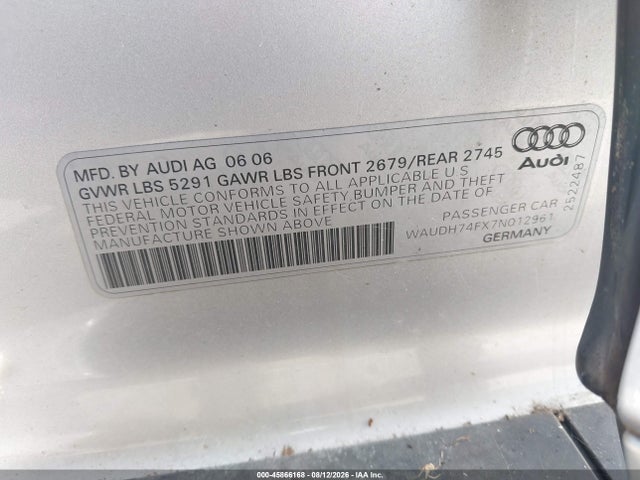 2007 Audi A6 3.2 მანქანა იყიდება აუქციონზე, vin: WAUDH74FX7N012961, აუქციონის ნომერი: 45866168