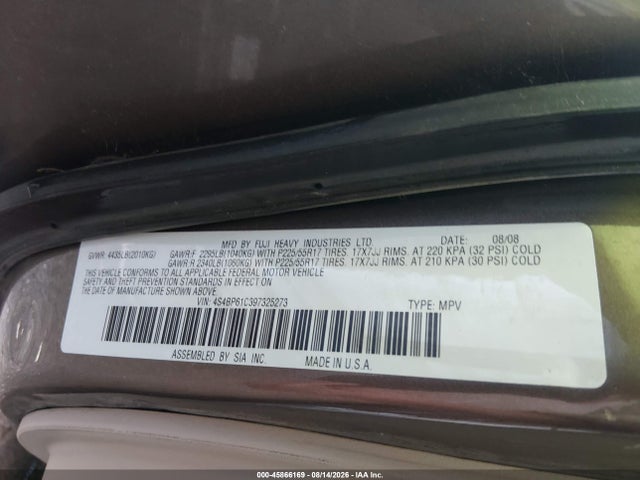 45866169 :رقم المزاد ، 4S4BP61C397325273 vin ، 2009 Subaru Outback 2.5i مزاد بيع