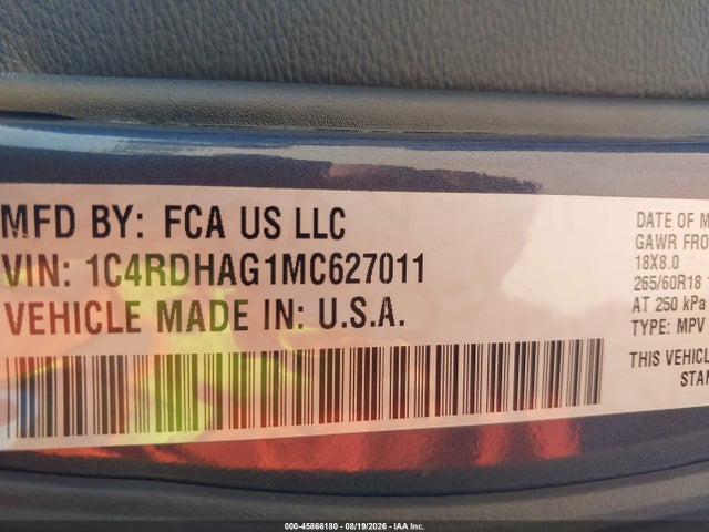 45866180 :رقم المزاد ، 1C4RDHAG1MC627011 vin ، 2021 Dodge Durango Sxt Plus Rwd مزاد بيع