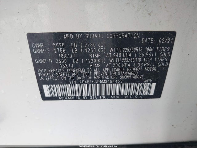 Aukcja sprzedaży 2021 Subaru Outback Limited Xt, vin: 4S4BTGND5M3184453, numer aukcji: 45866181