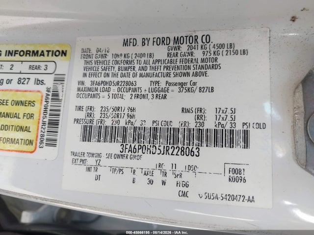 Aukcja sprzedaży 2018 Ford Fusion Se, vin: 3FA6P0HD5JR228063, numer aukcji: 45866195
