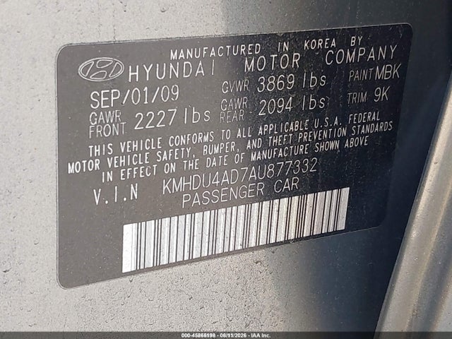 Aukcja sprzedaży 2010 Hyundai Elantra Gls, vin: KMHDU4AD7AU877332, numer aukcji: 45866198