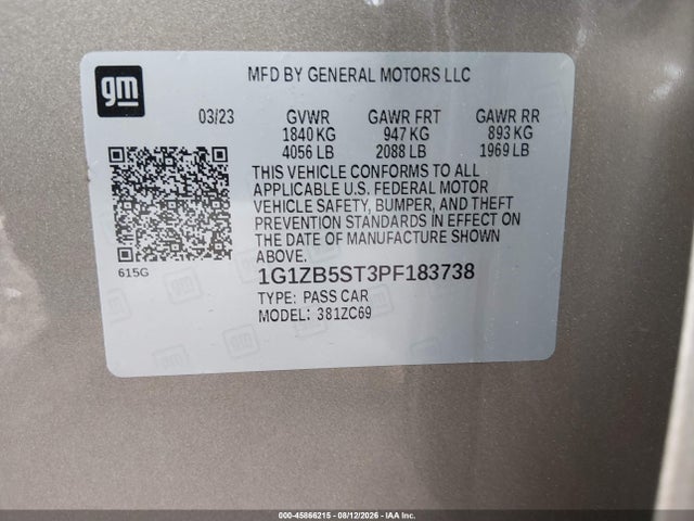 Aukcja sprzedaży 2023 Chevrolet Malibu Fwd Ls, vin: 1G1ZB5ST3PF183738, numer aukcji: 45866215