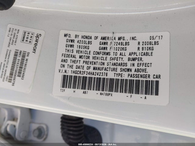 Aukcja sprzedaży 2017 Honda Accord Lx, vin: 1HGCR2F34HA242376, numer aukcji: 45866224