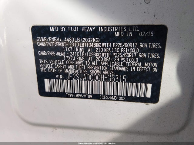 45866244 :رقم المزاد ، JF2SJADC0GH536315 vin ، 2016 Subaru Forester 2.5i Premium مزاد بيع
