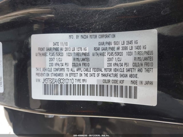 45866250 :رقم المزاد ، JM3TB2DAXB0310110 vin ، 2011 Mazda Cx-9 Grand Touring مزاد بيع