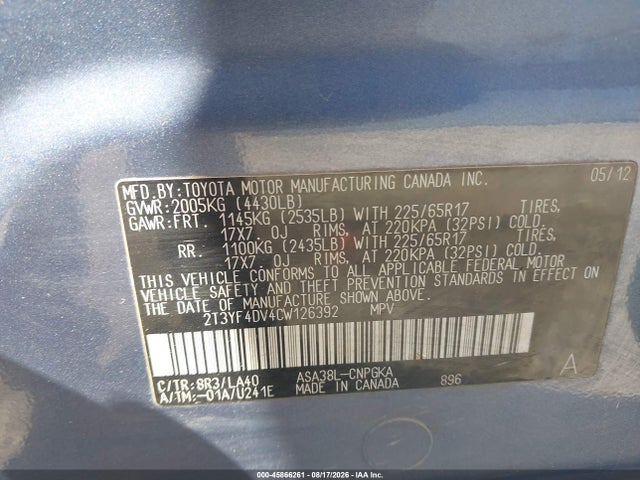 Продаж на аукціоні авто 2012 Toyota Rav4 Limited, vin: 2T3YF4DV4CW126392, номер лоту: 45866261
