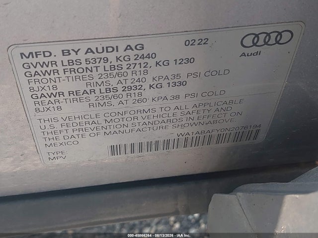 Aukcja sprzedaży 2022 Audi Q5 Premium 40 Tfsi Quattro S Tronic, vin: WA1ABAFY0N2076194, numer aukcji: 45866264