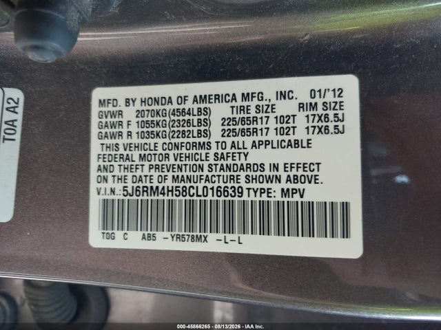 Aukcja sprzedaży 2012 Honda Cr-v Ex, vin: 5J6RM4H58CL016639, numer aukcji: 45866265