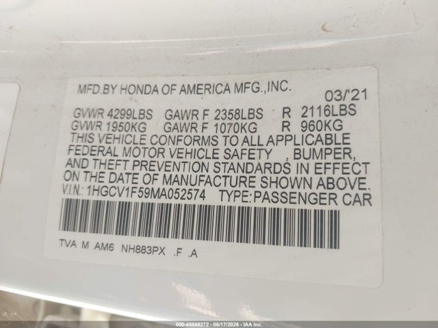 1HGCV1F59MA052574 Honda Accord Ex-l