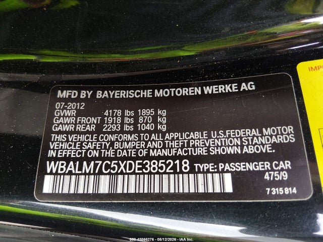 45866276 :رقم المزاد ، WBALM7C5XDE385218 vin ، 2013 Bmw Z4 Sdrive35i مزاد بيع