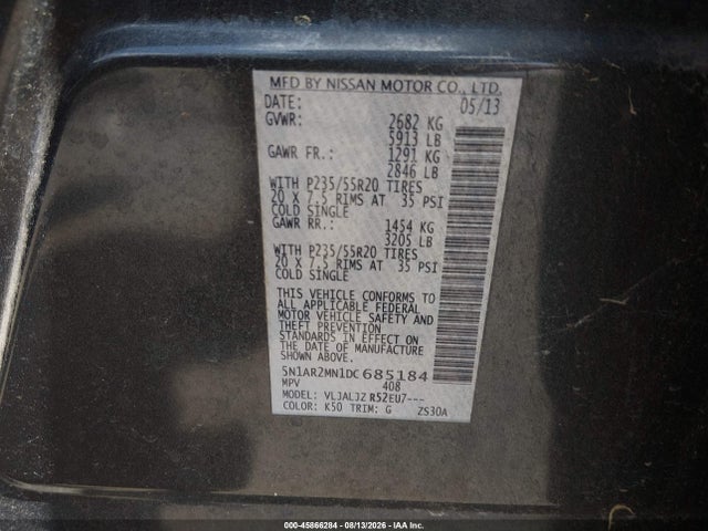 45866284 :رقم المزاد ، 5N1AR2MN1DC685184 vin ، 2013 Nissan Pathfinder Platinum مزاد بيع