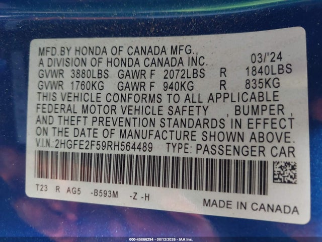 2024 Honda Civic Sport მანქანა იყიდება აუქციონზე, vin: 2HGFE2F59RH564489, აუქციონის ნომერი: 45866294