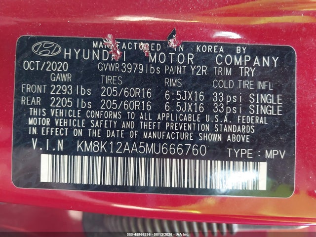 Aukcja sprzedaży 2021 Hyundai Kona Se, vin: KM8K12AA5MU666760, numer aukcji: 45866296
