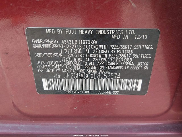Aukcja sprzedaży 2014 Subaru Xv Crosstrek 2.0i Limited, vin: JF2GPAGCXE8252574, numer aukcji: 45866312