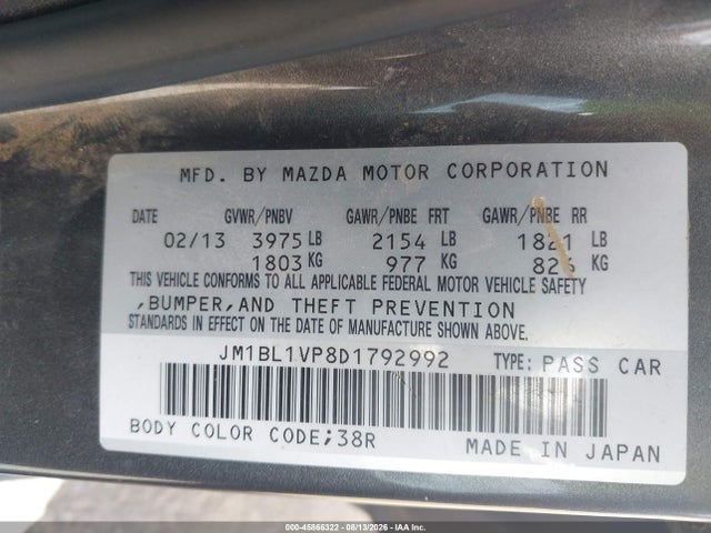 45866322 :رقم المزاد ، JM1BL1VP8D1792992 vin ، 2013 Mazda Mazda3 I Touring مزاد بيع
