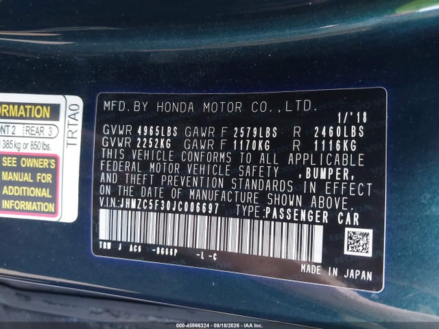 Aukcja sprzedaży 2018 Honda Clarity Plug-in Hybrid Touring, vin: JHMZC5F30JC006697, numer aukcji: 45866324