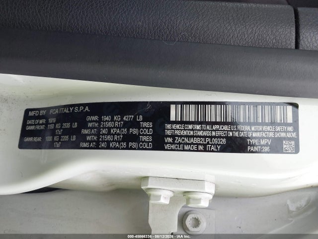 2020 Jeep Renegade Altitude Fwd მანქანა იყიდება აუქციონზე, vin: ZACNJABB2LPL09326, აუქციონის ნომერი: 45866336