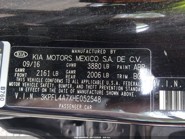 45866356 :رقم المزاد ، 3KPFL4A7XHE052548 vin ، 2017 Kia Forte Lx مزاد بيع