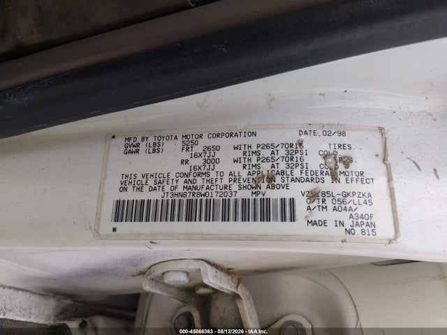 1998 Toyota 4runner Sr5 V6 Limited მანქანა იყიდება აუქციონზე, vin: JT3HN87R8W0172037, აუქციონის ნომერი: 45866363