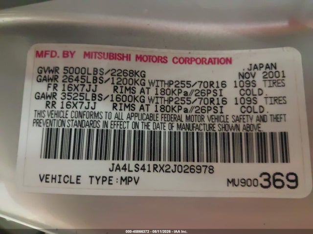 Продажа на аукционе авто 2002 Mitsubishi Montero Sport Ltd, vin: JA4LS41RX2J026978, номер лота: 45866372