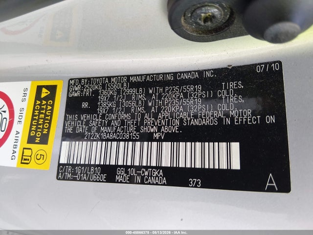 Продажа на аукционе авто 2010 Lexus Rx 350, vin: 2T2ZK1BA8AC038155, номер лота: 45866378